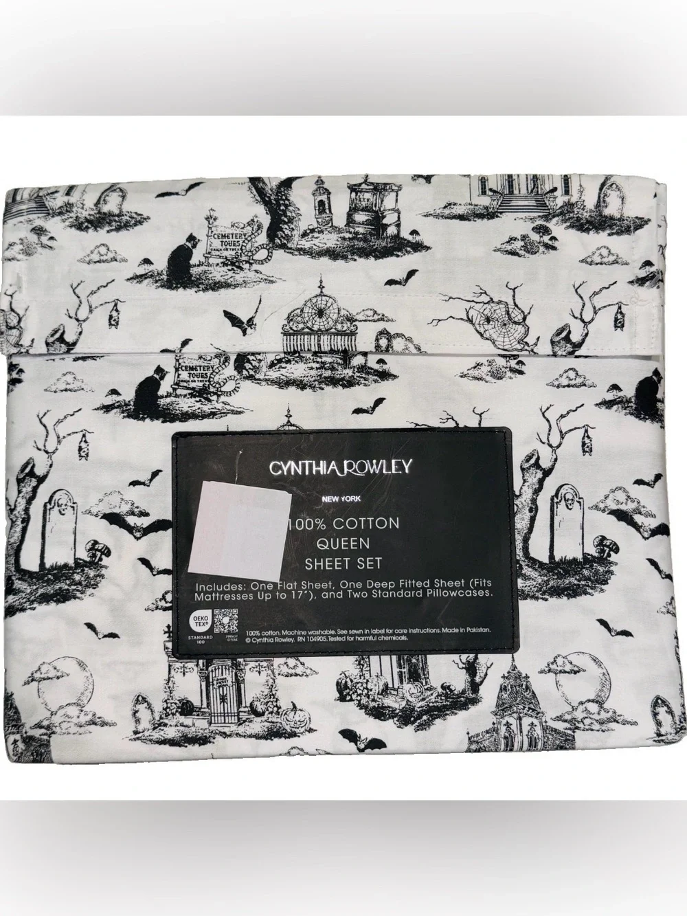 Cynthia Rowley QUEEN Size Halloween Haunted Toile Black Goth Sheet Set Cemetery
